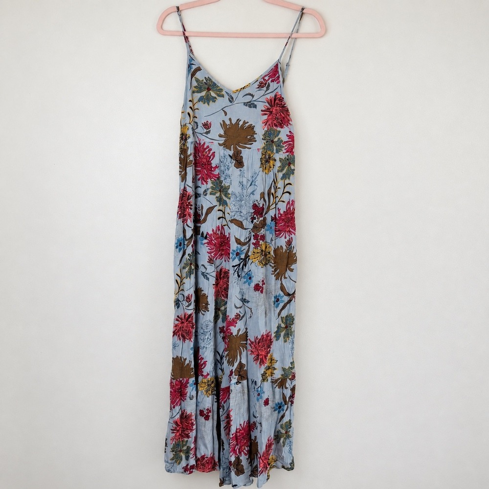 Natural Life Floral Wide Leg Jumpsuit XS Blue Rayon Boho Crinkle